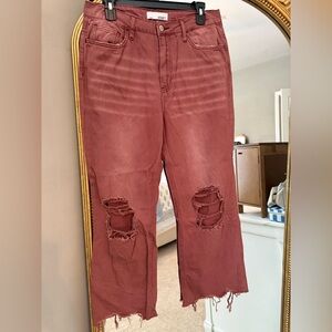 Distressed Red Pants with Gold Stripes
